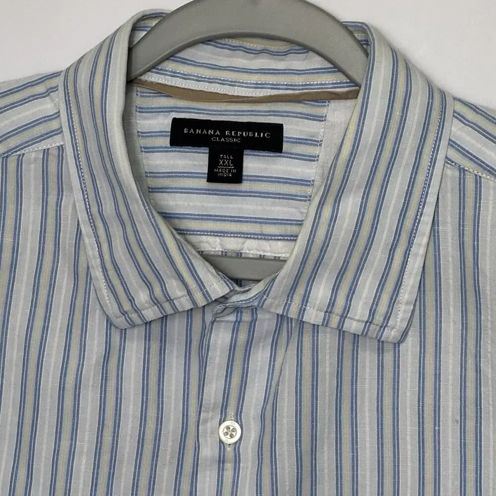 Banana Republic Classic XXL Tall Linen Cotton Shirt Blue White Stripe Long Sleev